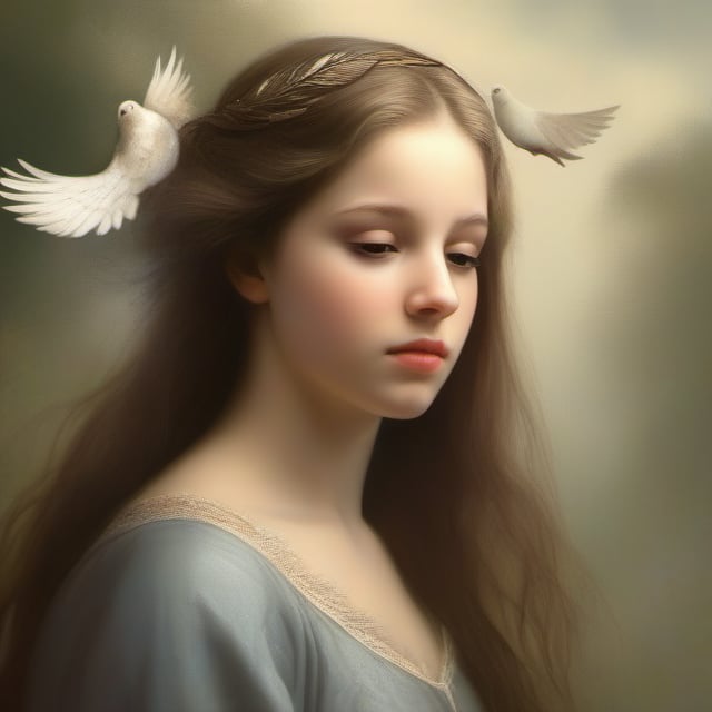 A highly detailed, realistic illustration of a young girl with an air of melancholy, depicted in a style that captures the essence of Renaissance portraiture. The girl should have subtle, downcast eyes that convey a hint of sadness, while her lips are delicately curved into a pensive expression. Her skin tone should be soft and natural, with a gentle flush on her cheeks. She should be dressed in a flowing, ethereal gown that adds an element of elegance and timelessness to the scene.

The girl's most distinctive feature is a pair of graceful, feathered wings emerging from her shoulder blades. These wings should exhibit intricate feather details, with a mix of earthy tones and subtle iridescence, resembling the wings of a mourning dove. The wings should appear slightly drooped, symbolizing a sense of longing or yearning.

The overall composition should have a warm, diffused lighting, casting soft shadows that enhance the depth and realism of the image. The background can be a serene, dreamlike landscape that complements the girl's mood, perhaps featuring a misty forest glade or a quiet meadow bathed in the warm hues of dawn or dusk.
