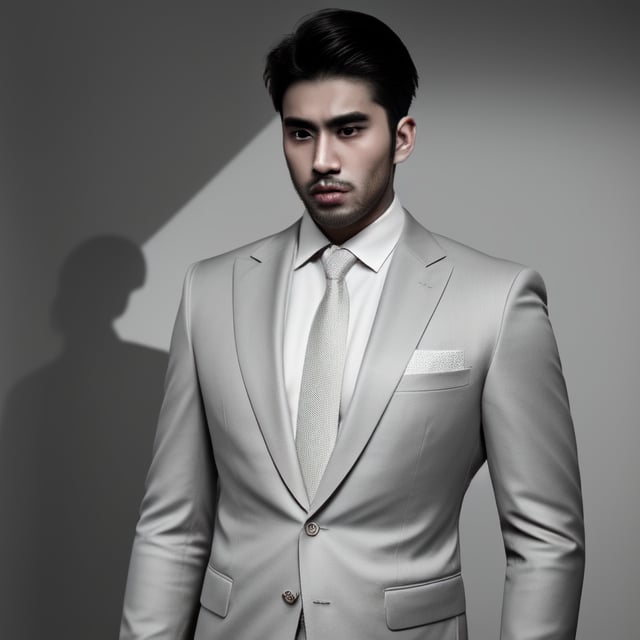 Craft a compelling portrayal of an enigmatic Asian hunk in a sleek suit, radiating an aura of coolness and strength. Illustrate him with a commanding presence, his demeanor exuding a calculated intensity while maintaining an air of mystery.

Detail the suit with precision, emphasizing its tailored elegance and sharp lines. The coldness of his expression should echo the sleekness of his attire, creating a seamless visual harmony.

Set the scene against a contemporary backdrop, perhaps a modern urban landscape or a sophisticated interior. Use a muted color palette that complements his demeanor, focusing on cool tones that echo his composed nature.

The Asian hunk's features should be chiseled and captivating, his gaze slightly serious and penetrating. His posture should project confidence and control, inviting intrigue from those who encounter his gaze.

Employ lighting to accentuate his strong jawline and define his facial contours. Utilize subtle shadows to highlight his enigmatic presence, creating an alluring play of light and darkness.

Capture an atmosphere that hints at the hidden depths within, while also showcasing his composed exterior. The cold and cool aesthetic should resonate through every element, from his expression to the setting, creating a captivating image that lingers in the mind.