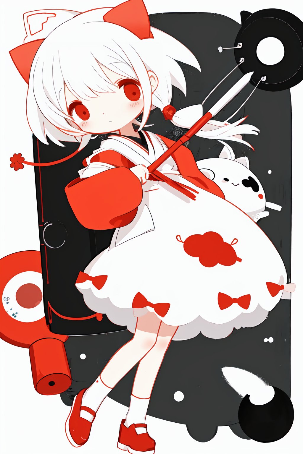 style of Chiho Aoshima, cute, a girl, white hair, puffy dress, full body, red hue, simple white background, Illustration, Ink, japan, minimalistic, eguchistyle