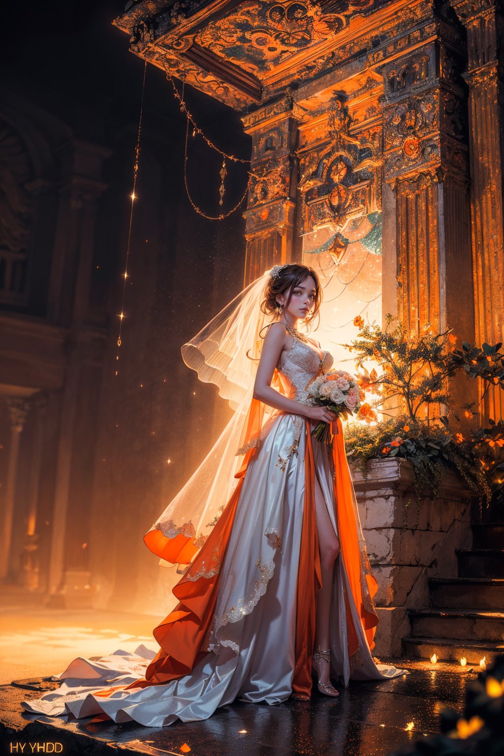 Story, bride posing under a fairy tale, elaborate scene style, glitter, orange, realistic style, 8k,exposure blend, medium shot, bokeh, (hdr:1.4), high contrast, (cinematic, dark orange and white film), (muted colors, dim colors, soothing tones:1.3), low saturation, (hyperdetailed:1.2), (noir:0.4)