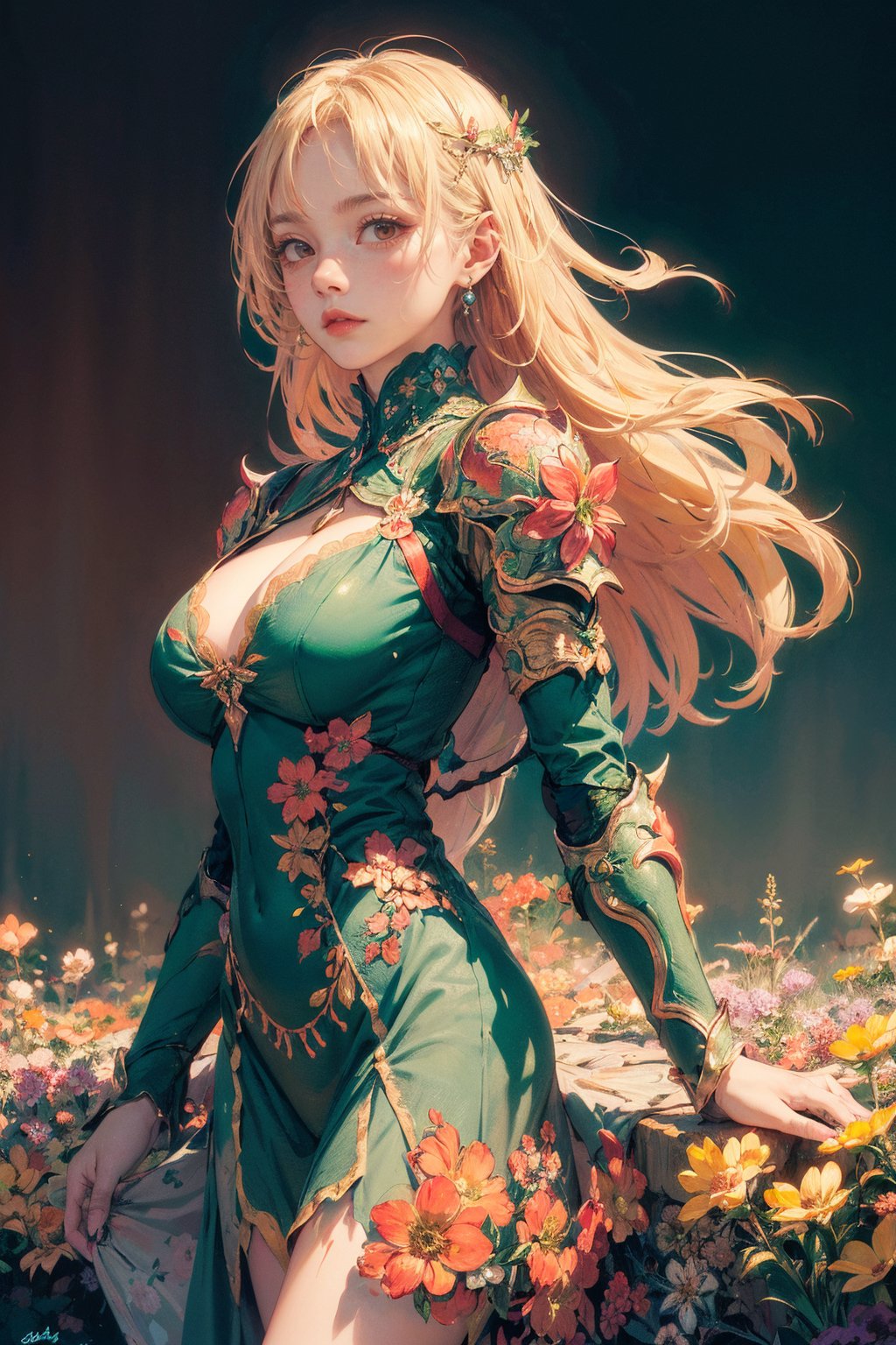 woman, front,flower dress, blonde long hair,(big breasts:1.0) , colorful, darl background,flower armor,green theme,exposure blend, medium shot, bokeh, (hdr:1.4), high contrast, (cinematic, teal and orange:0.85), (muted colors, dim colors, soothing tones:1.3), low saturation,