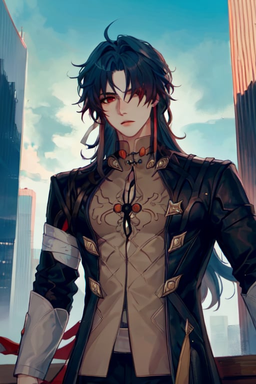 blade \(honkai: star rail\), 1boy, male focus, black coat, chinese clothes, bangs, solo, detailed face, looking at viewer, upper body, cowboy shot, skyscraper, city, sky, fog, (masterpiece:1.2, best quality)