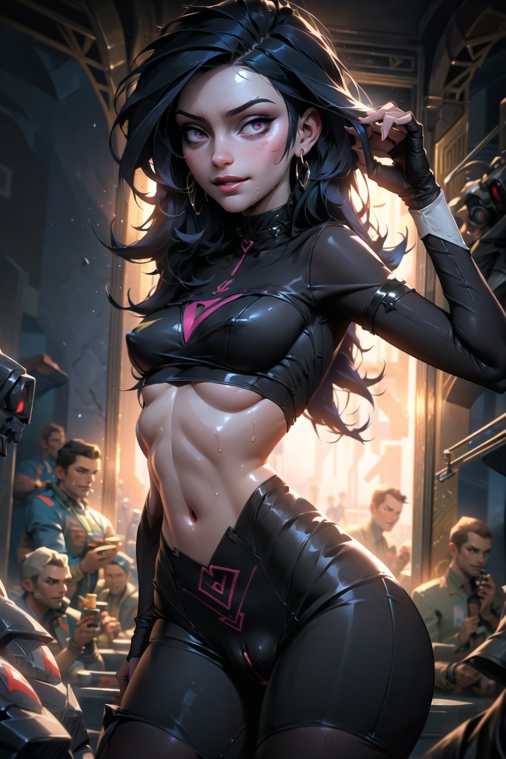 masterpiece,best quality,1girl,ultra detailed,dark theme,(race queen:1.2),evil smile,flat chest,corruption,dynamic angle,sweat,heavy breathing,glowing eyes,pubic tattoo,see-through sleeves,(crowd:1.2),pussy juice,