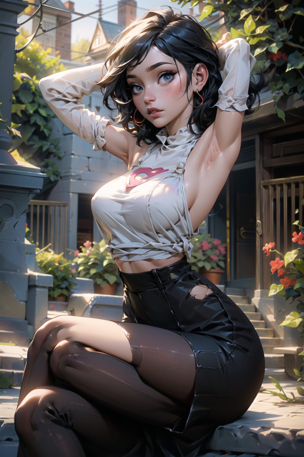 (masterpiece:1.2, best quality:1.2, beautiful, high quality, highres:1.1, aesthetic), detailed, extremely detailed, ambient soft lighting, 4K, perfect eyes, perfect face, perfect lighting, 1girl, solo, huge breasts, narrow waist, wide hips, thick thighs, curvy, sitting, crossed legs, looking at viewer, garden background, outdoors, ((armpits:1.2))