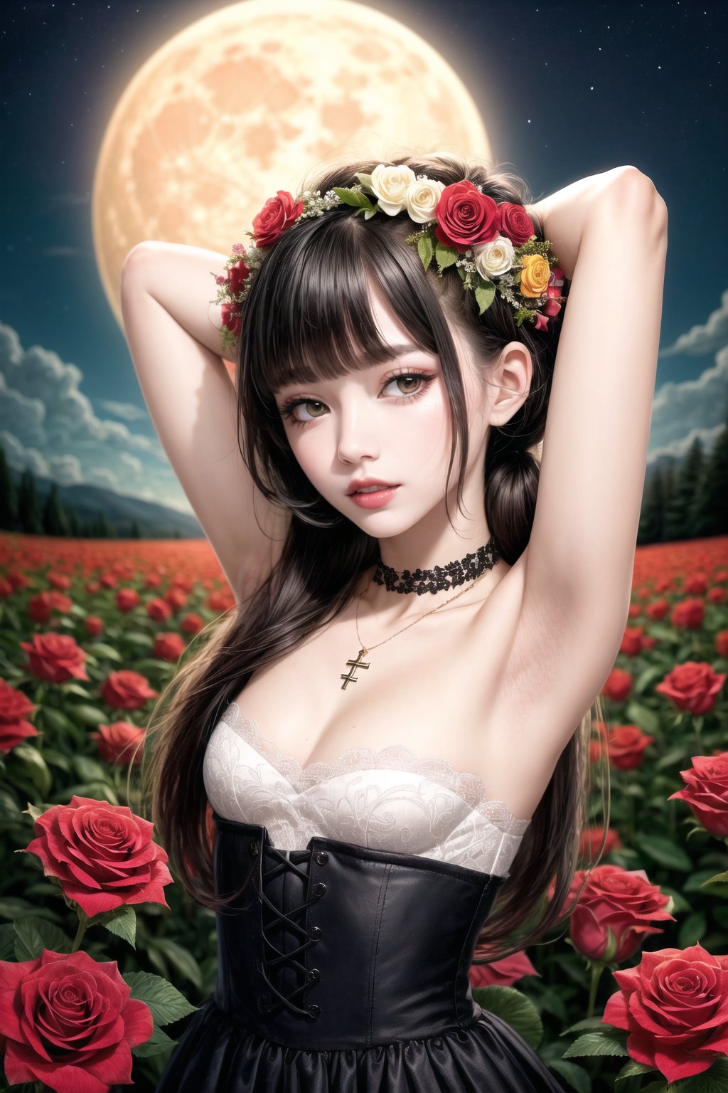 flower, red flower, moon, rating:safe, red rose, 1girl, full moon, spider lily, rose, head wreath, flower field, black hair, dress, hair flower, solo, flower wreath, outdoors, looking at viewer, cross, field, long hair, arms up, jewelry, sky, choker, makeup, lips, yellow flower, arms behind head, black dress, orange flower, lipstick, bangs, hair ornament, black eyes, white flower, red lips, armpits, strapless dress, open mouth, necklace, cloud, elbow gloves, holding flower, gloves, night, bare shoulders, hibiscus, strapless, camellia, twintails, collarbone, blunt bangs, bouquet, day, black gloves, teeth, breasts, lily \(flower\), purple flower, sleeveless dress, detached sleeves, red moon, gothic, flat chest, pink flower,((pale skin:1.2))