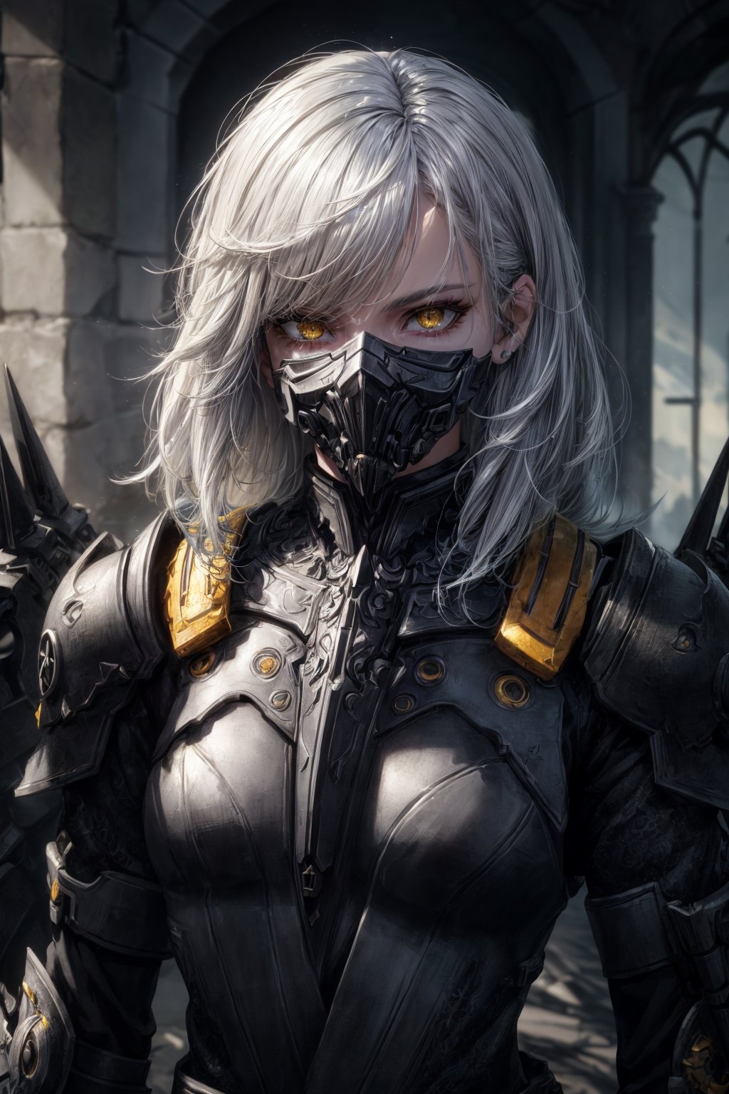 (masterpiece:1.2,high quality), 1girl, ((ultra realistic details)), global illumination, shadows, Dynamic Lighting, Unreal Engine, octane render, 8k, ultra sharp, metal, intricate, ornaments detailed, highly intricate details, yellow eyes, (mechanical body:1.2), white hair, (black mask), Gear, Apocalypse,Detailedface