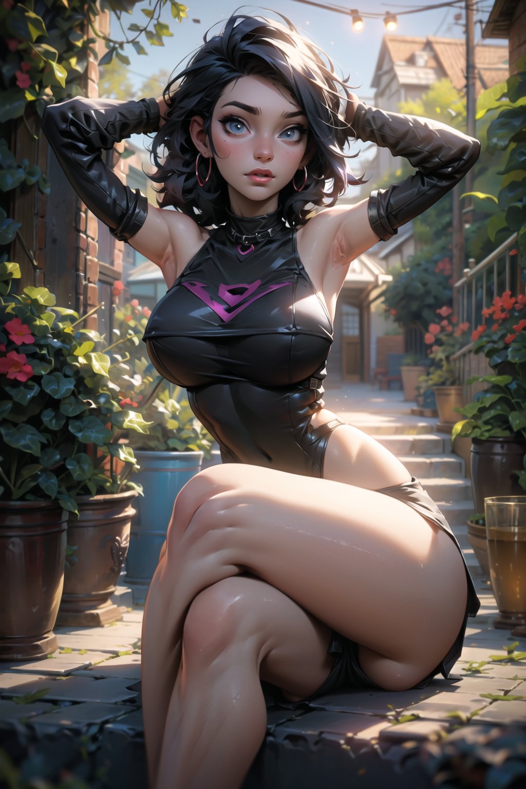 (masterpiece:1.2, best quality:1.2, beautiful, high quality, highres:1.1, aesthetic), detailed, extremely detailed, ambient soft lighting, 4K, perfect eyes, perfect face, perfect lighting, 1girl, solo, huge breasts, narrow waist, wide hips, thick thighs, curvy, sitting, crossed legs, looking at viewer, garden background, outdoors, ((armpits:1.2))