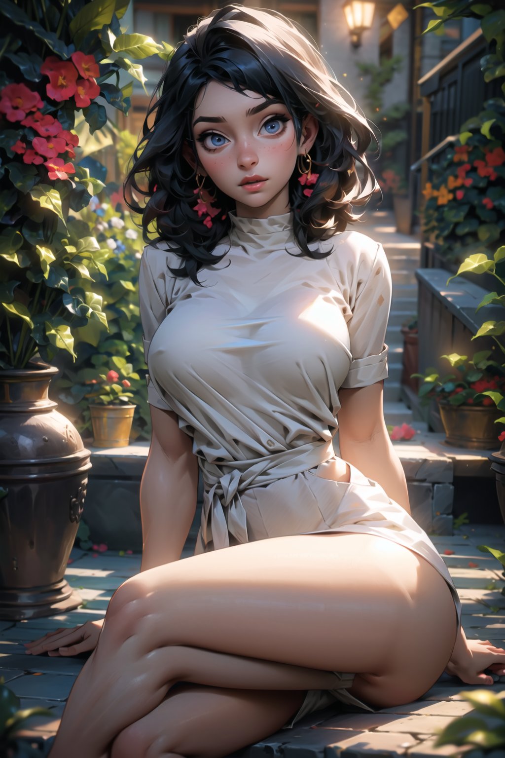 (masterpiece:1.2, best quality:1.2, beautiful, high quality, highres:1.1, aesthetic), detailed, extremely detailed, ambient soft lighting, 4K, perfect eyes, perfect face, perfect lighting, 1girl, solo, huge breasts, narrow waist, wide hips, thick thighs, curvy, sitting, crossed legs, looking at viewer, garden background, outdoors