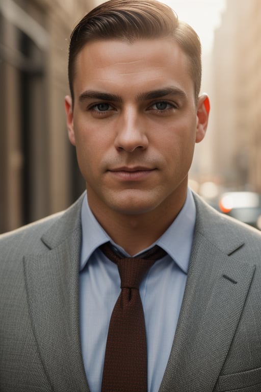 Portrait photo of muscular clean shave guy in a office suit, ((light bokeh)), intricate, (steel metal [rust]), elegant, sharp focus, photo by greg rutkowski, soft lighting, vibrant colors, (masterpiece), ((streets)), (detailed face)+, eye iris