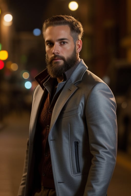 Full body photo of skinny beard guy in a jacket, ((light bokeh)), intricate, (steel metal [rust]), elegant, sharp focus face, photo by greg rutkowski, soft lighting, vibrant colors, (masterpiece), ((streets)), (detailed face)+, eye iris