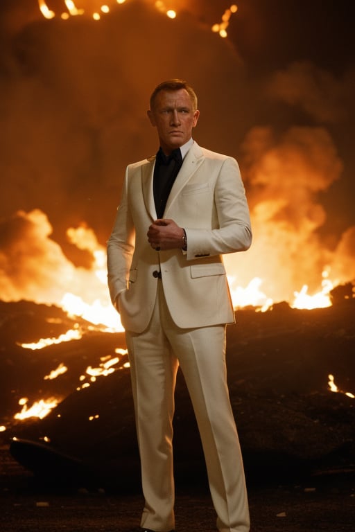 James bond costume , medium hair , clean shave , holding pistol , standing infront of a explosion 