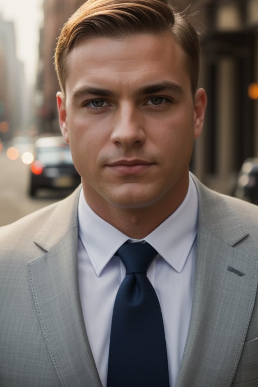 Full size photo of muscular clean shave guy in a office suit, ((light bokeh)), intricate, (steel metal [rust]), elegant, sharp focus, photo by greg rutkowski, soft lighting, vibrant colors, (masterpiece), ((streets)), (detailed face)+, eye iris