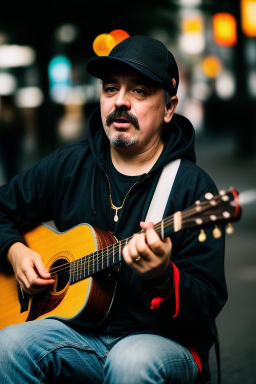 A street musician. lively. talented. expressive. colorful. musical. smartphone camera. portrait mode. afternoon. 35mm. bokeh. by Kevin Smith -ar 3:2