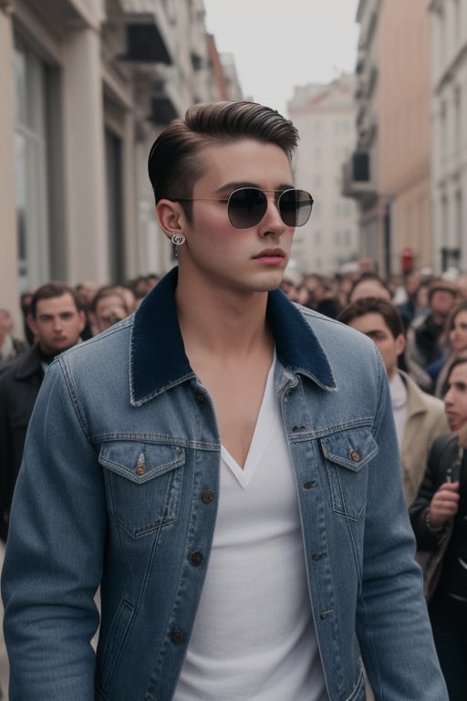 Male , medium hair , thin eyebrow , shades , perfect nose , perfect ear , perfect lips , clean shave , muscular body , wearing jacket with blue jeans , middle of full crowd street, photorealistic , cinematic , high resolution ,