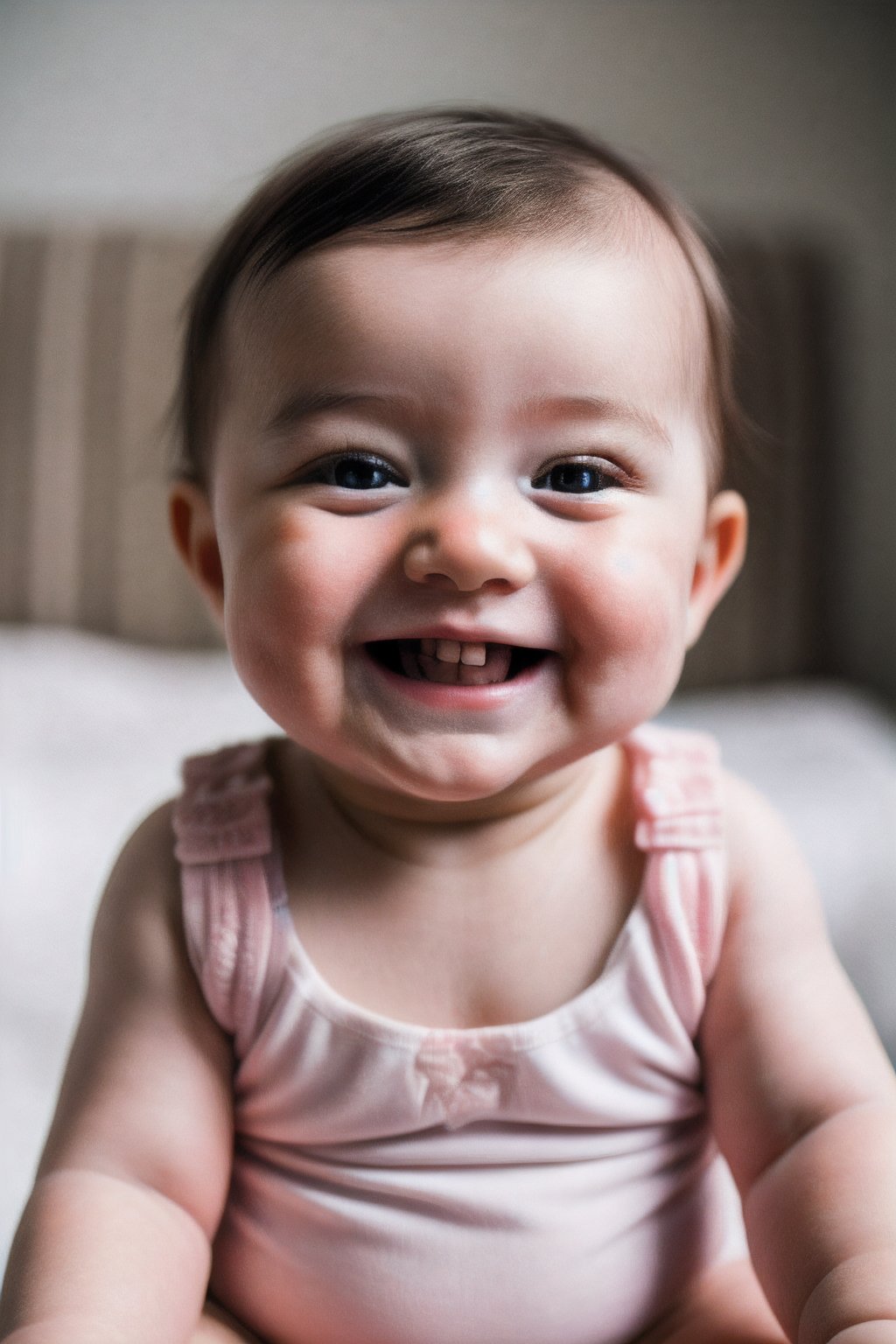 A smiling baby, adorable, happy, innocent, cute, pink, mirrorless camera, portrait lens, evening, 85mm, candid, by Mary Jones -ar 3:2