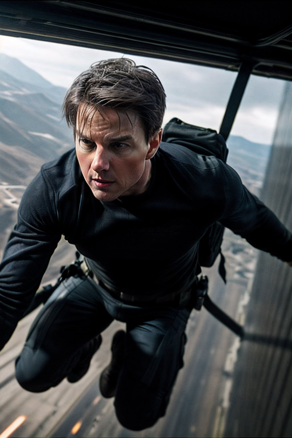 Tom Cruise as ethan hunt in mission impossible, daring, thrilling, action-packed, suspenseful, blue, digital camera, noon, 5 feet, mission impossible shot, by Christopher McQuarrie