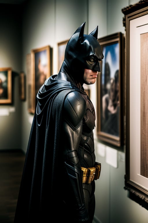 Batman in a museum looking at a painting of his parents nostalgic sad emotional white elegant DSLR camera portrait lens evening 85mm candid by Bruce Wayne -ar 3:2