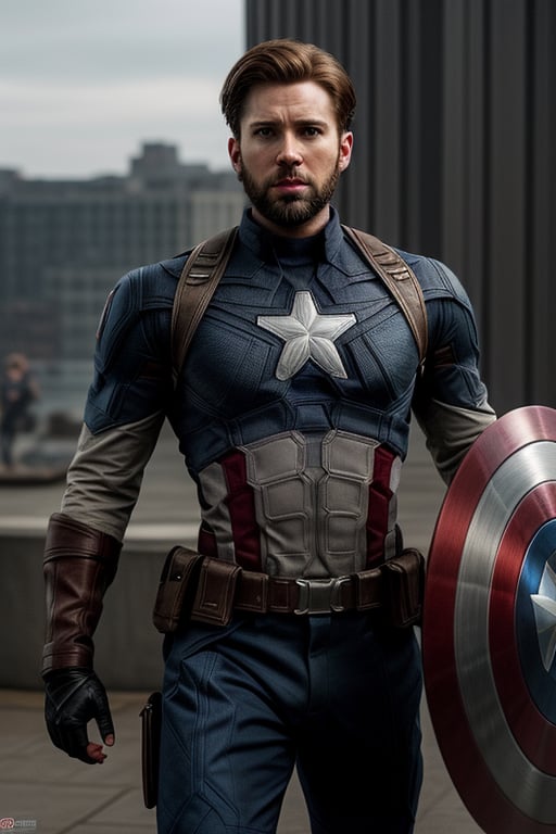 Male , captain America , medium hair , beard , cinematic , real life , ultra realistic , photorealistic 