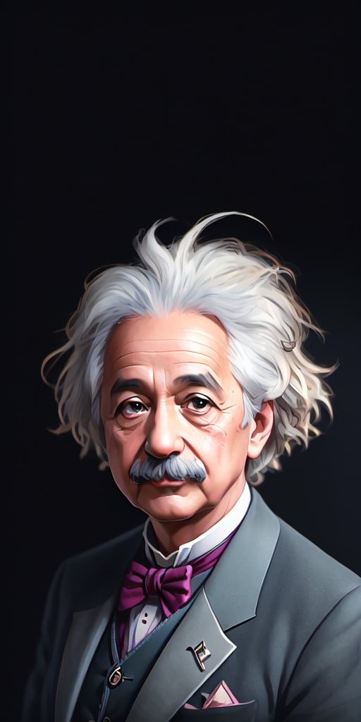 Character portrait of Albert Einstein, standing on stage, side profile, caricature, chibi, kawaii,3d rendering, octane rendering, volumetric light, victorian fashion, metallic, highly-detailed symmetric face, detailed eyes, ultra sharp, highest quality, art by Anja Millen and George Cruikshank and Bordalo II, smooth, sharp focus, trending on artforum, behance hd, kids story book style, muted colors, watercolor style