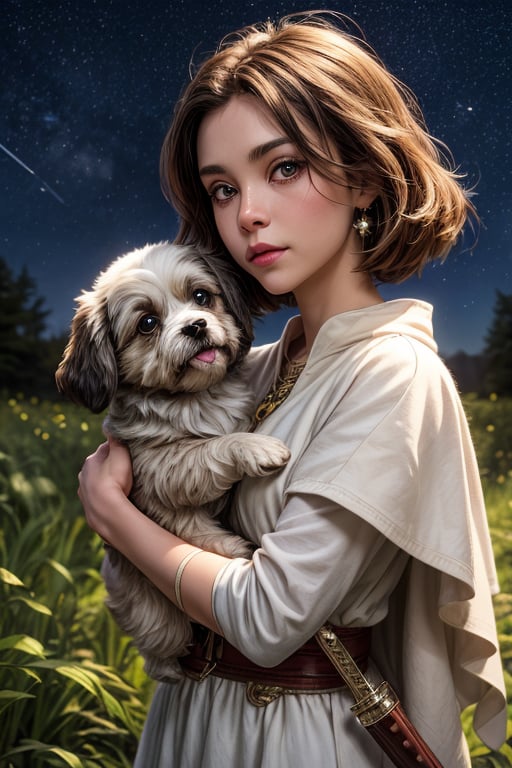 Best Quality, Maiden, Forest, Starry Sky, Dreamy, Two-dimensional, Dog Leading, Lhasa Apso, White Clothes, Gems, Carrying a Sword, 2K Quality