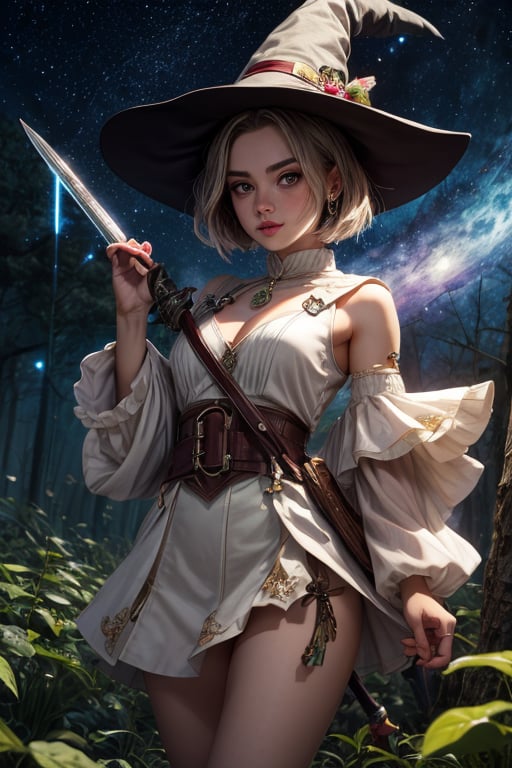 Best Quality, Witch, Girl, Forest, Starry Sky, Glowing aura around the Girl, Tunic Mini Skirt, lhasa apso, White Clothes, Gems, Carrying Sword, 2K Quality