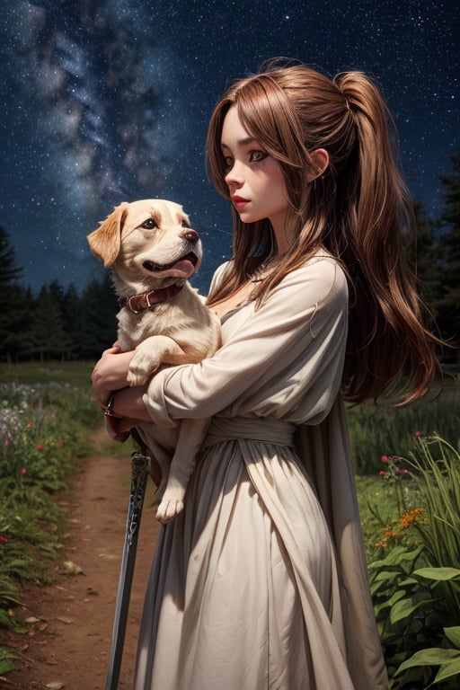 Best Quality, Maiden, Forest, Starry Sky, Dreamy, Two-dimensional, Dog Leading, White Clothes, Gems, Carrying a Sword, 2K Quality