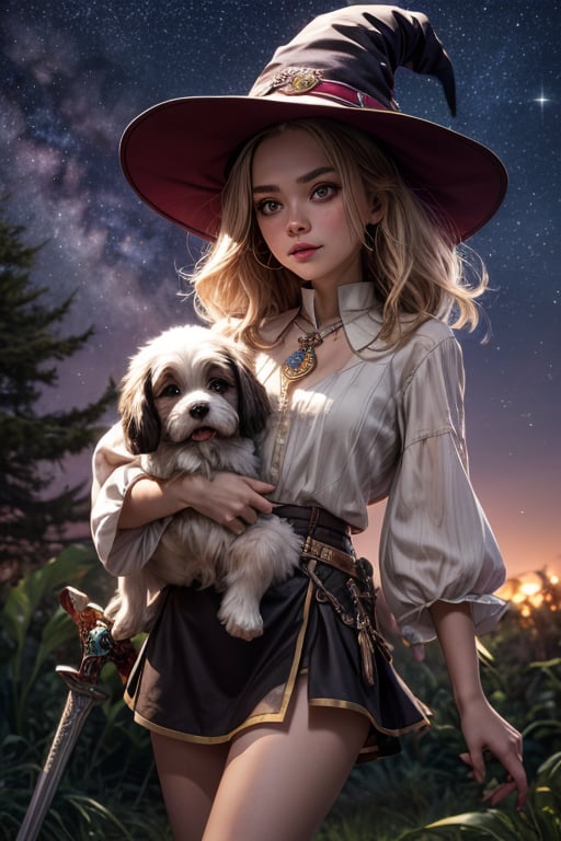 Best Quality, Witch, Girl, Forest, Starry Sky, Glowing aura around the Girl, Tunic Mini Skirt, lhasa apso, White Clothes, Gems, Carrying Sword, 2K Quality