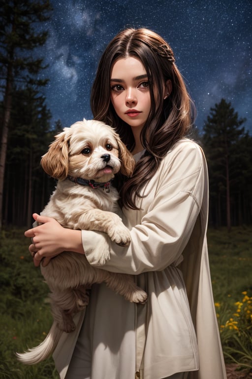 Best Quality, Maiden, Forest, Starry Sky, Dreamy, Two-dimensional, Dog Leading, Lhasa Apso, White Clothes, Gems, Carrying a Sword, 2K Quality