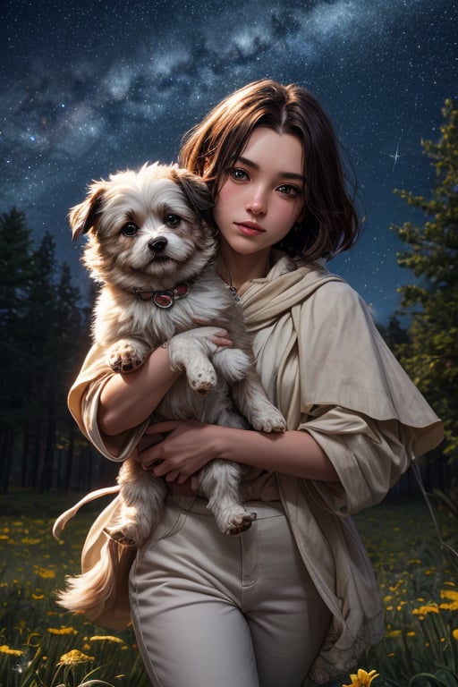 Best Quality, Maiden, Forest, Starry Sky, Dreamy, Two-dimensional, Dog Leading, Lhasa Apso, White Clothes, Gems, Carrying a Sword, 2K Quality