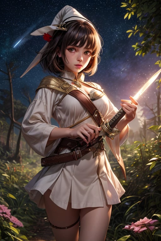 Best Quality, Witch, Girl, Forest, Starry Sky, Glowing aura around the Girl, Tunic Mini Skirt, lhasa apso, White Clothes, Gems, Carrying Sword, 2K Quality