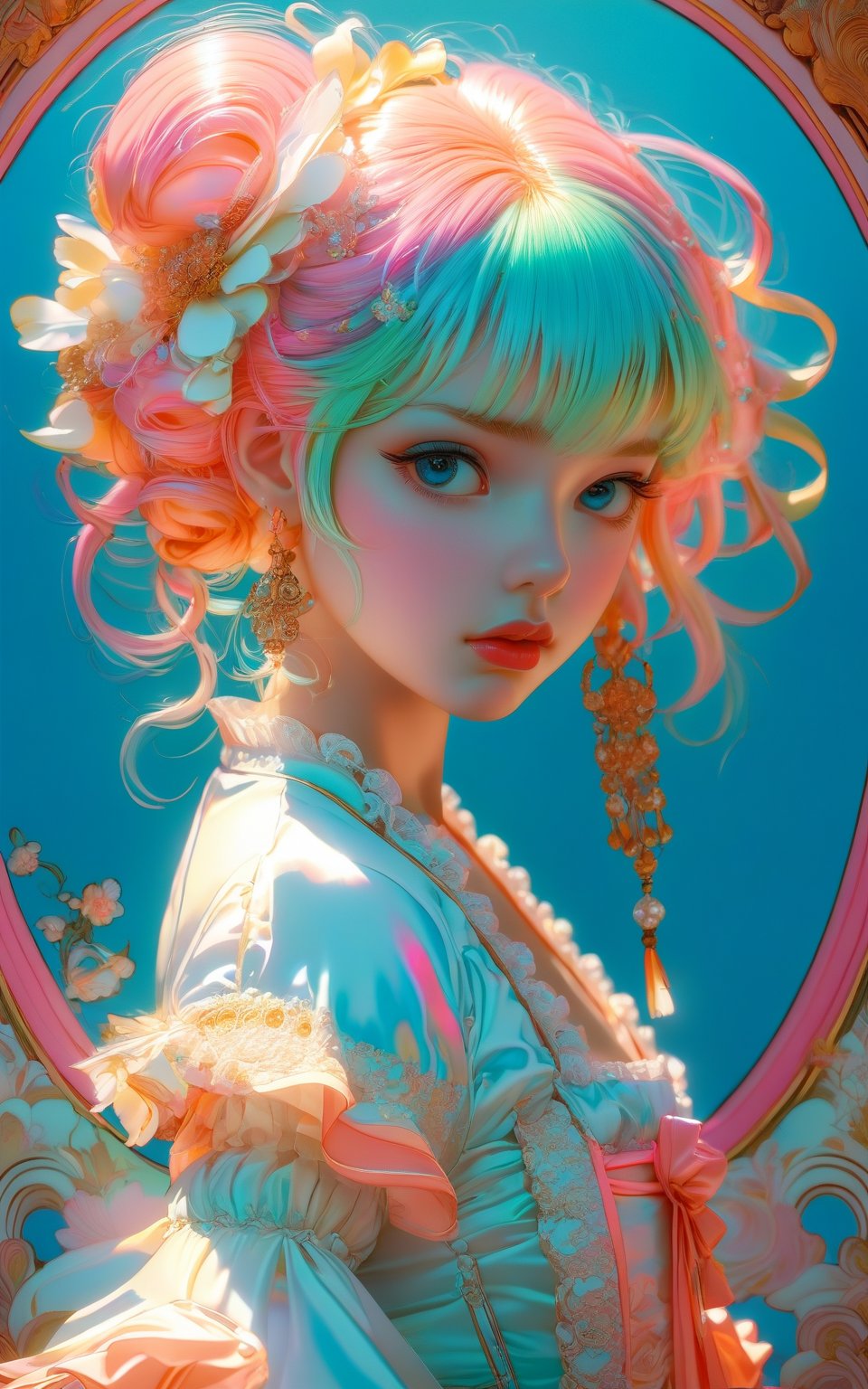 anime_artwork, rococo, grand_photograph, annoyed_girl, neon_glowing_hair, canon_5d_mark_4, neon_light, kodak_ektar, flamboyant, pastel_colors, curved_lines, elaborate_detail, rococo, art by j.c. leyendecker,more detail XL,