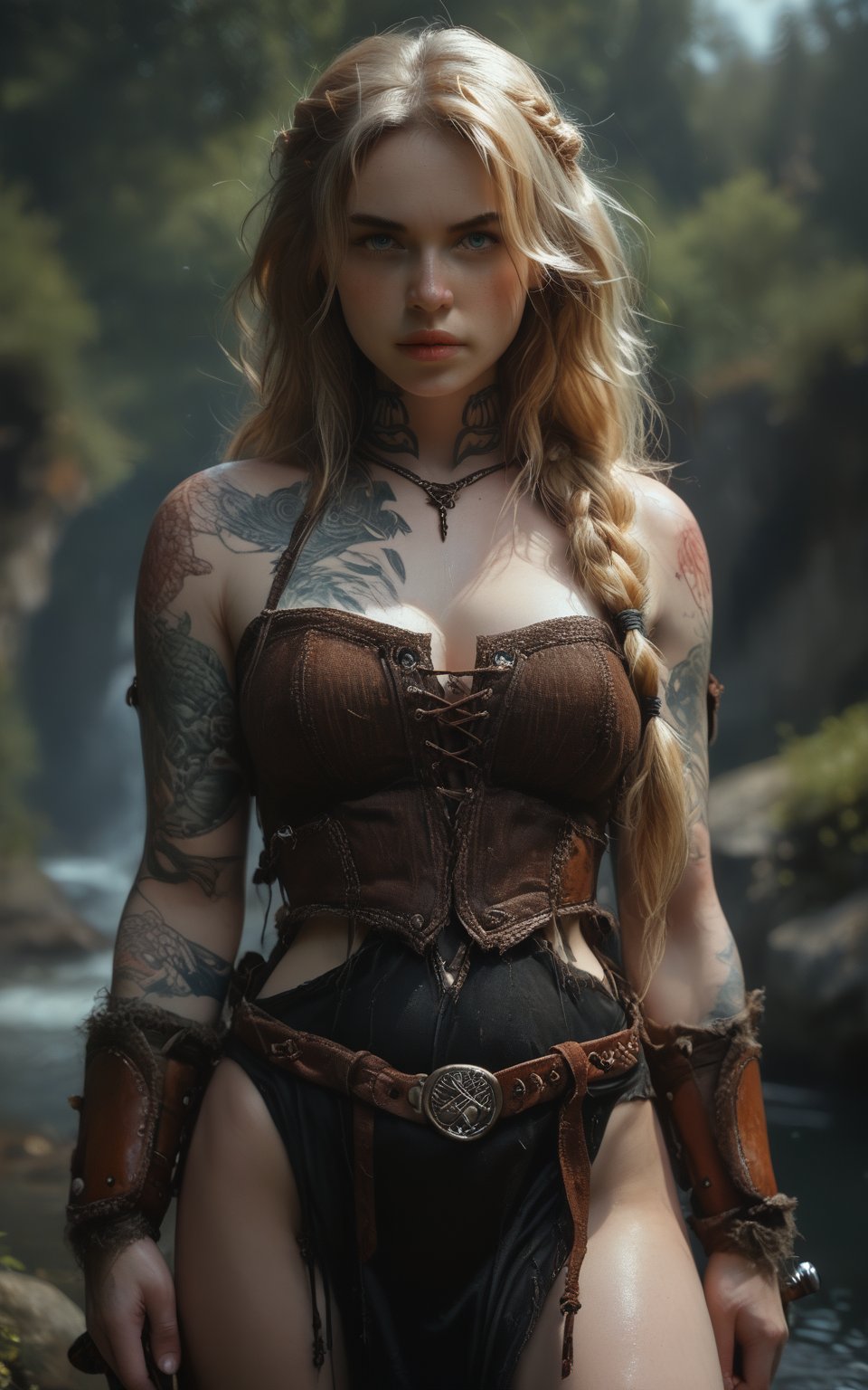 realistic, 1girl, long hair, blonde hair, blue eyes, single braid, solo, front view, viking, Shieldmaiden, vinkerian arm tattoos, revealing sexy vikings attire, stands with legs apart, photorealistic image, 35mm photograph, depth_of_field, bokeh viking, realistic, cowboy shot, (((sword weapon sheathed in scabbard))), , score_9, score_8_up, score_7_up, realism, realistic, masterpiece, best quality, very aesthetic, absurdres,, realism, hyperrealistic,, outdoors, scenery, finely detailed exterior, , detailed skin texture, realistic skin structure, (goosebumps:1.2), subsurface scattering, g0thicPXL,ExpressiveH