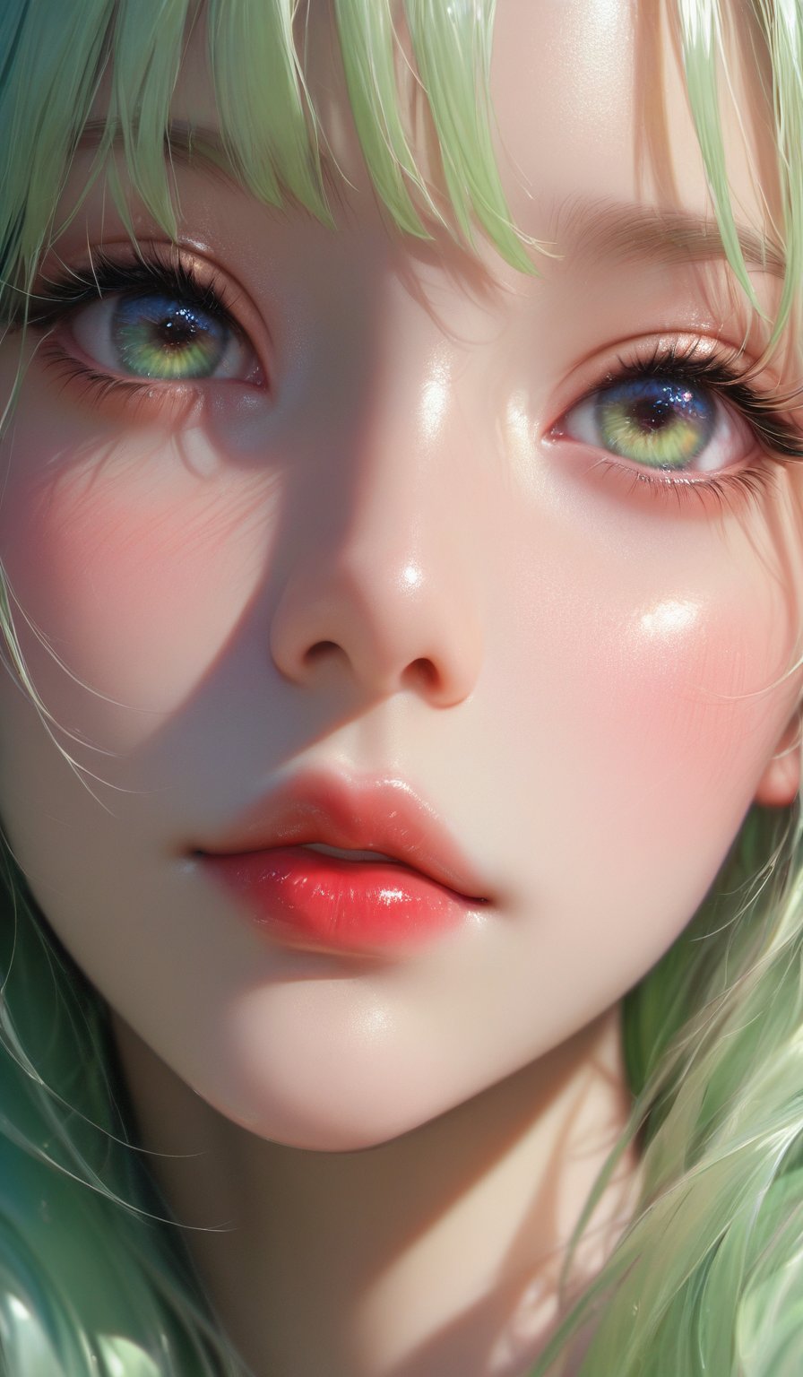 score_9, score_8_up, score_7_up, Girl's profile picture, light green long hair with bangs, long eyelashes, light blushed cheeks, glossy red lips, realistic skin texture, detailed picture, close-up, perfect face, HD32k