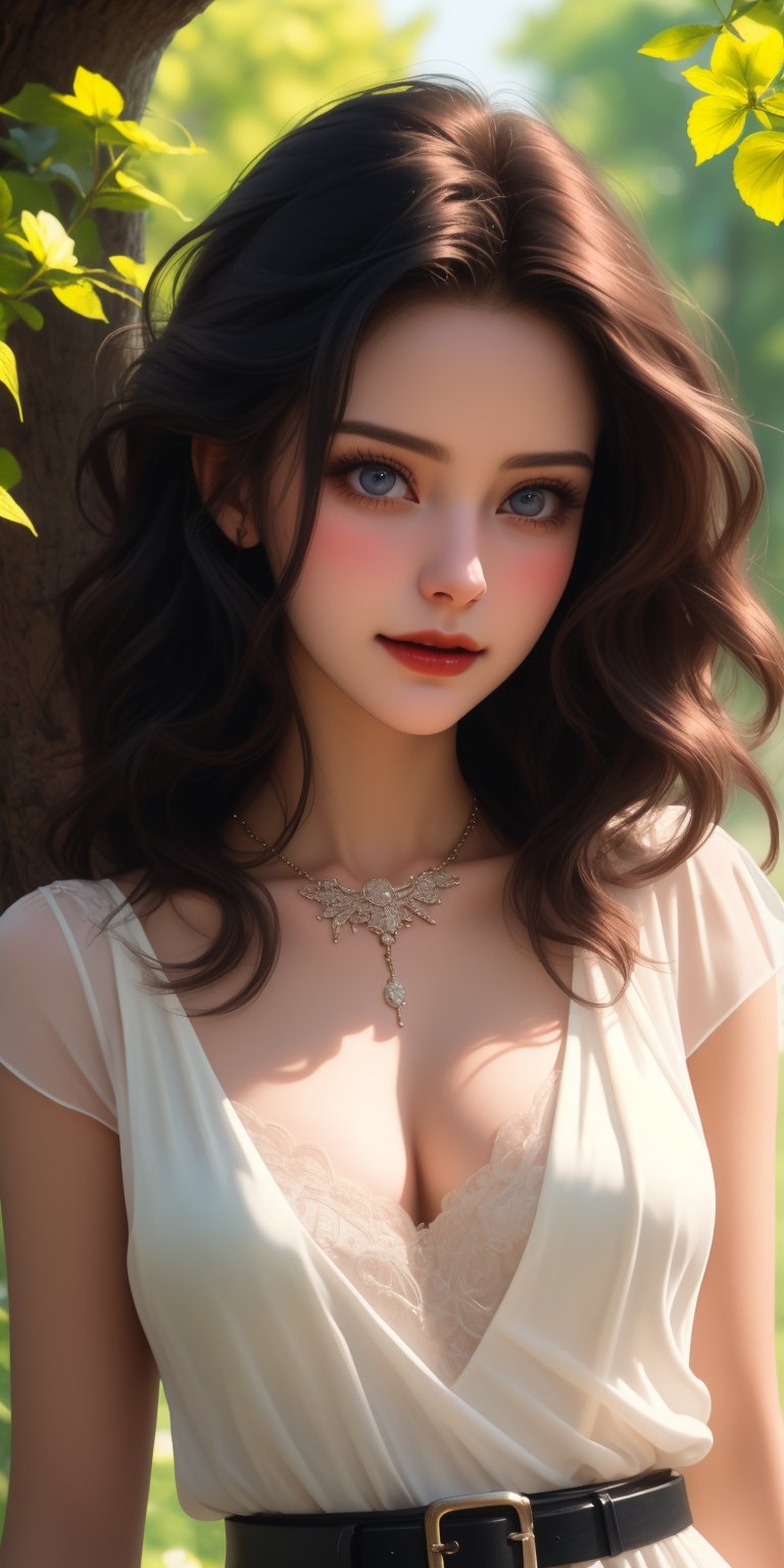 a close up of an ultra hot gorgeous European woman, Fertile Spring morn dawns, She and nature intertwined, Celebrating life, happy, (portrait photo:1.3), adult woman, 18 year old female, medium breasts, white chiffon dress, intricate engraved metal neckpiece, belt, (long black wavy hair:1.2), cinematic, dramatic, 4k, beautyniji