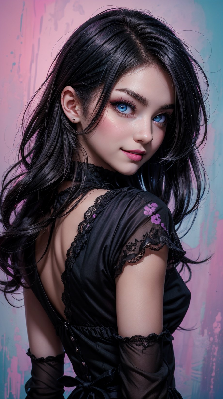 (((masterpiece))) anime style, cartoon, comic, anime comic, medium dark colors, soft tones, lighting details, generates an image of a 20-year-old a single gothic girl, black painted lips, pastel blue eyes, long black hair dark, candid smile, pastel purple runny paint background, the girls hair reaches her eyebrows, defined eyebrows, upper body