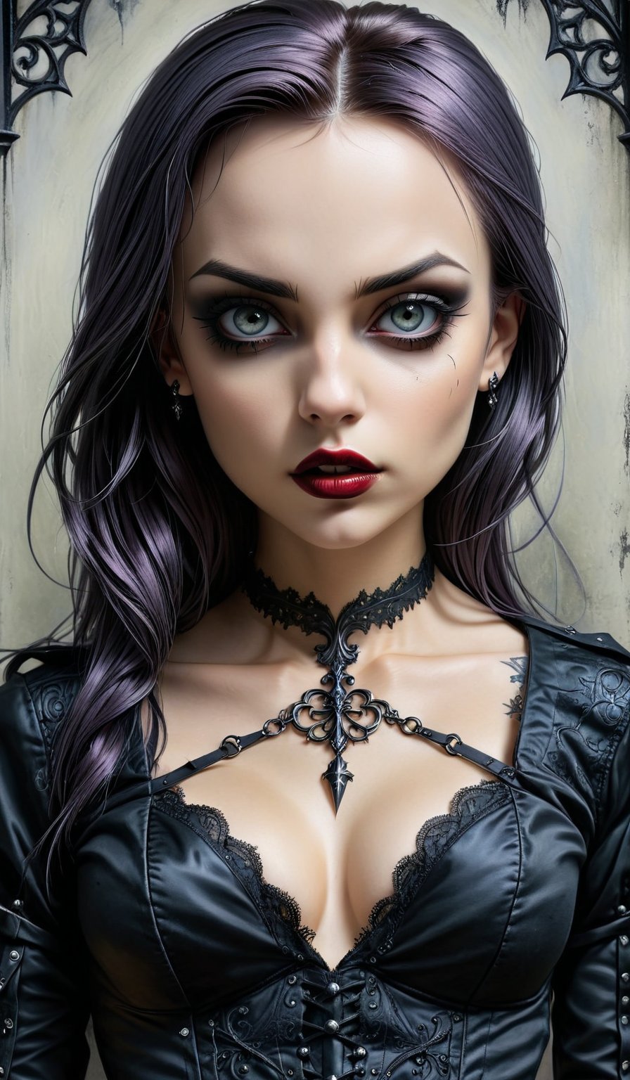 masterpiece,best quality,realistic,style of Jessica Galbreth upper body portrait of dark gothic girl, dynamic pose, Gothic,emo