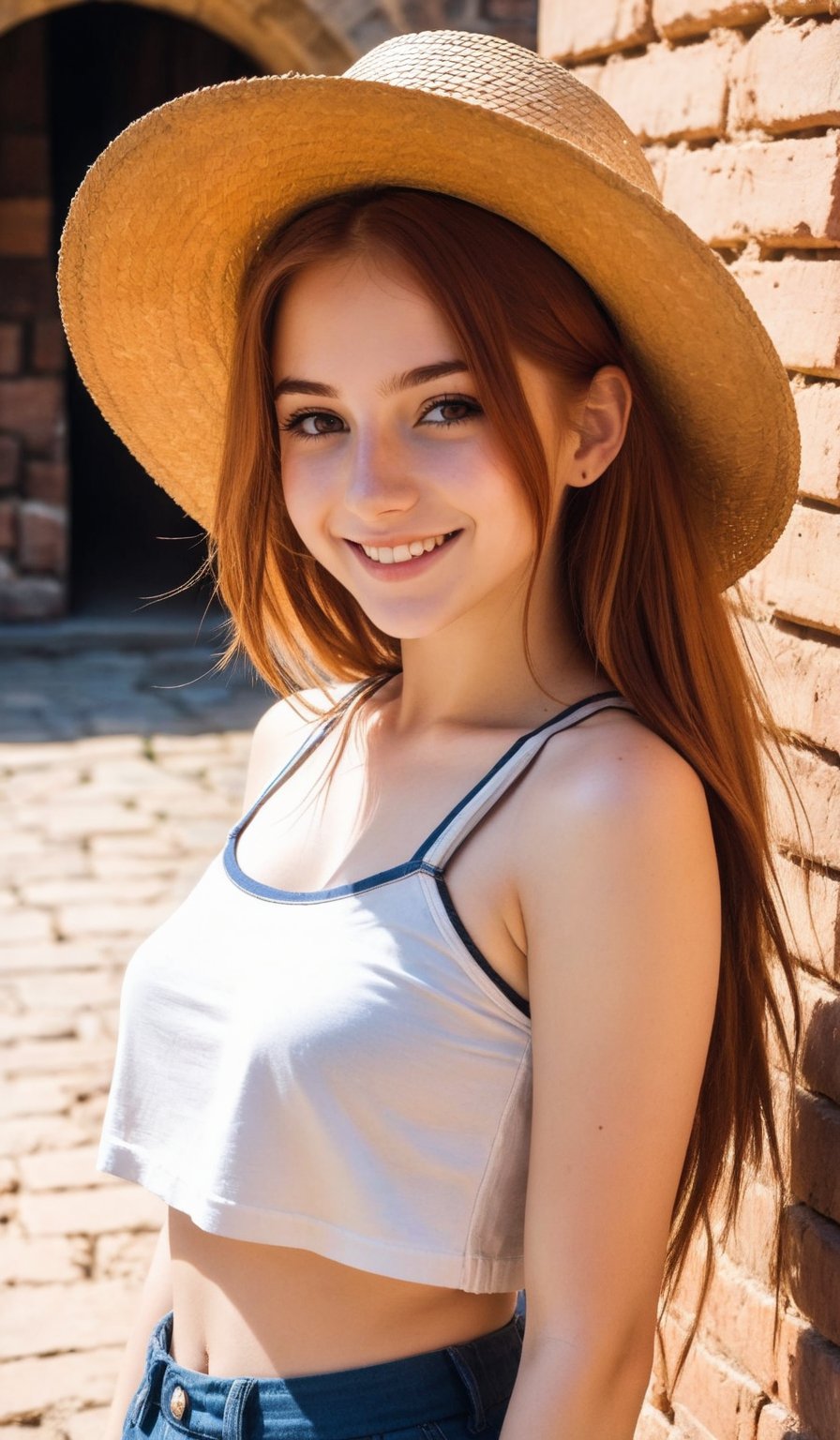 1girl, solo, (20-years-old:1.5), leaning against ancient brick building, sunny day, straw hat, smiling, small chest,  tight crop top, long auburn hair braid, xaxaxa 1_style, Expressiveh, negative_hand, (((upper body shot))), NegativeDynamics,art style of the artist Xaxaxa
,score_9,Expressiveh,emo