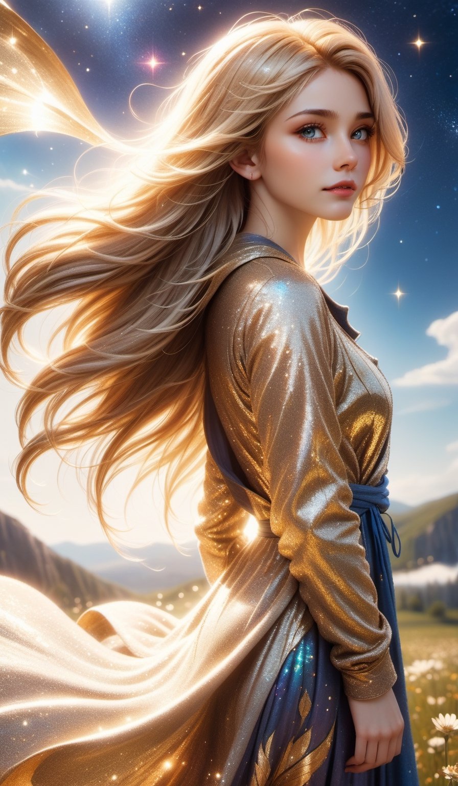 1girl, professional gold leafing technique of a cute, long flowing hair, ("Cloak and Dagger ":1.3) , it is very Europunk and [Tranquil|Draconian], Libra constellation background, spring field with Waterfall, Clear skies, Wide view, Sketch, Flustered, Primitivism, back-light, Depth of field 100mm, Hypersaturated, Vitrail, Liminal dream, Best quality, arthouse, ethereal, female, (((upper body))), lovable,midjourney,1 girl,Mysticstyle,DonMB4nsh33XL,LegendDarkFantasy,colorful,3D,glitter,3d toon style