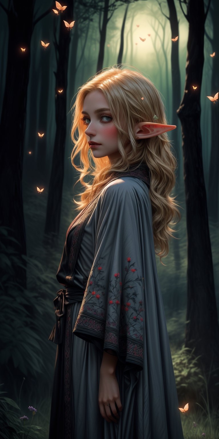 (masterpiece, best quality, highly detailed:1.2), portrait of broken-hearted elf with graceful poise, (looking at viewer),  macabre dance, wearing cobalt, peach, periwinkle, wizard embroidered robes, in foreboding silence haunting meadow with ethereal fireflies, sweet perfume, sudden silence, colorful forest background, detailed background,midjourney