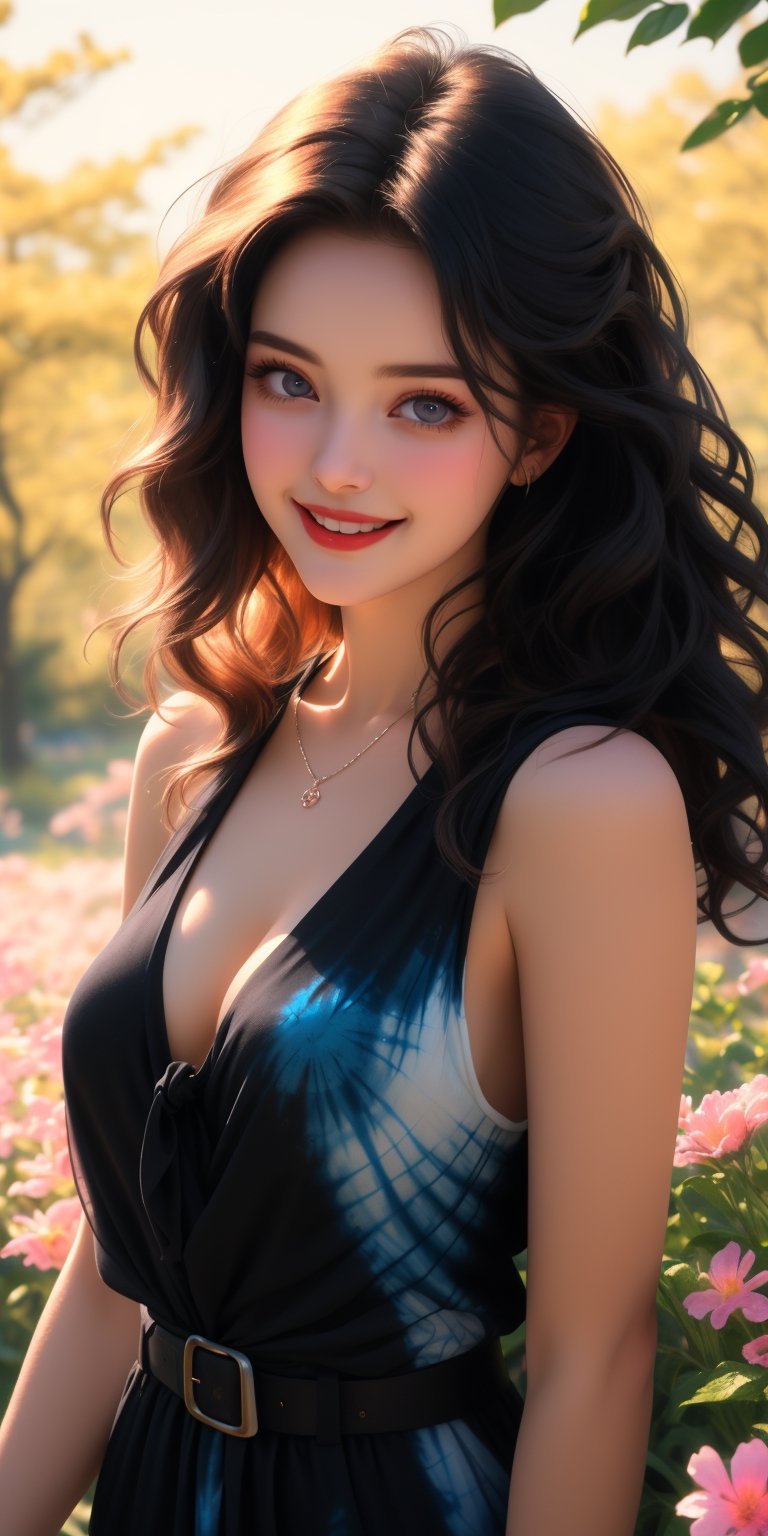 a close up of an ultra hot gorgeous European woman, Fertile Spring morn dawns, She and nature intertwined, Celebrating life, smile, happy, joyful, (portrait photo:1.3), adult woman, 18 year old female, medium breasts,tie dyed chiffon dress, belt, (long black wavy hair:1.2), cinematic, dramatic, 4k, beautyniji