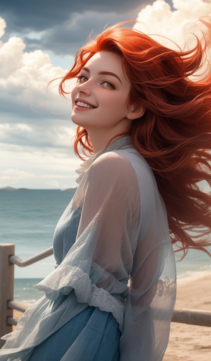 In the given scene, there is a young woman with vibrant flowing red hair, She's wearing cute flowing clothes that contrast nicely with the backdrop, The location appears to be outdoors, where it's super windy, adding a sense of motion and energy to the photo, Despite the threatening appearance of the stormy country background, she seems unbothered and smiling, Her eyes are locked onto something in the distance above, looking up, possibly hinting at an upcoming event or encounter, She has an auric hue around her, giving her an ethereal, otherworldly quality, Overall, this is a sensual and captivating image,  2.5d, realistic, , (&:0),midjourney,1 girl