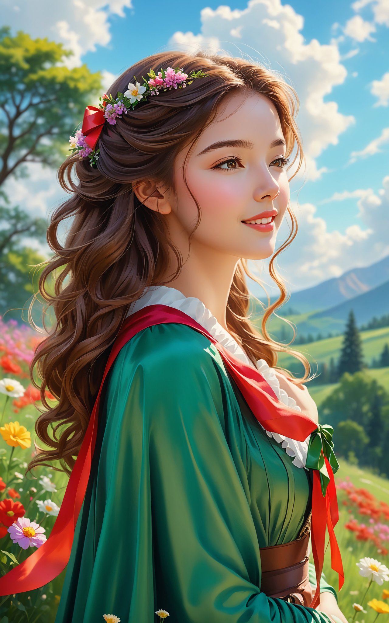 score_9, score_8_up, score_7_up, the image showcases a beautiful female character, set against a picturesque landscape. warm smile, she has long, wavy brown hair and is adorned in a green dress with a matching cape. she wears a large, red ribbon. the character appears to be in a contemplative or relaxed state, with her eyes closed and a serene expression on her face. the background is a lush green meadow surrounded by trees and colorful flowers. the sky is clear with a few fluffy clouds, and the overall ambiance of the image is calm and peaceful, realistic

, Expressiveh,concept art,impressionist painting