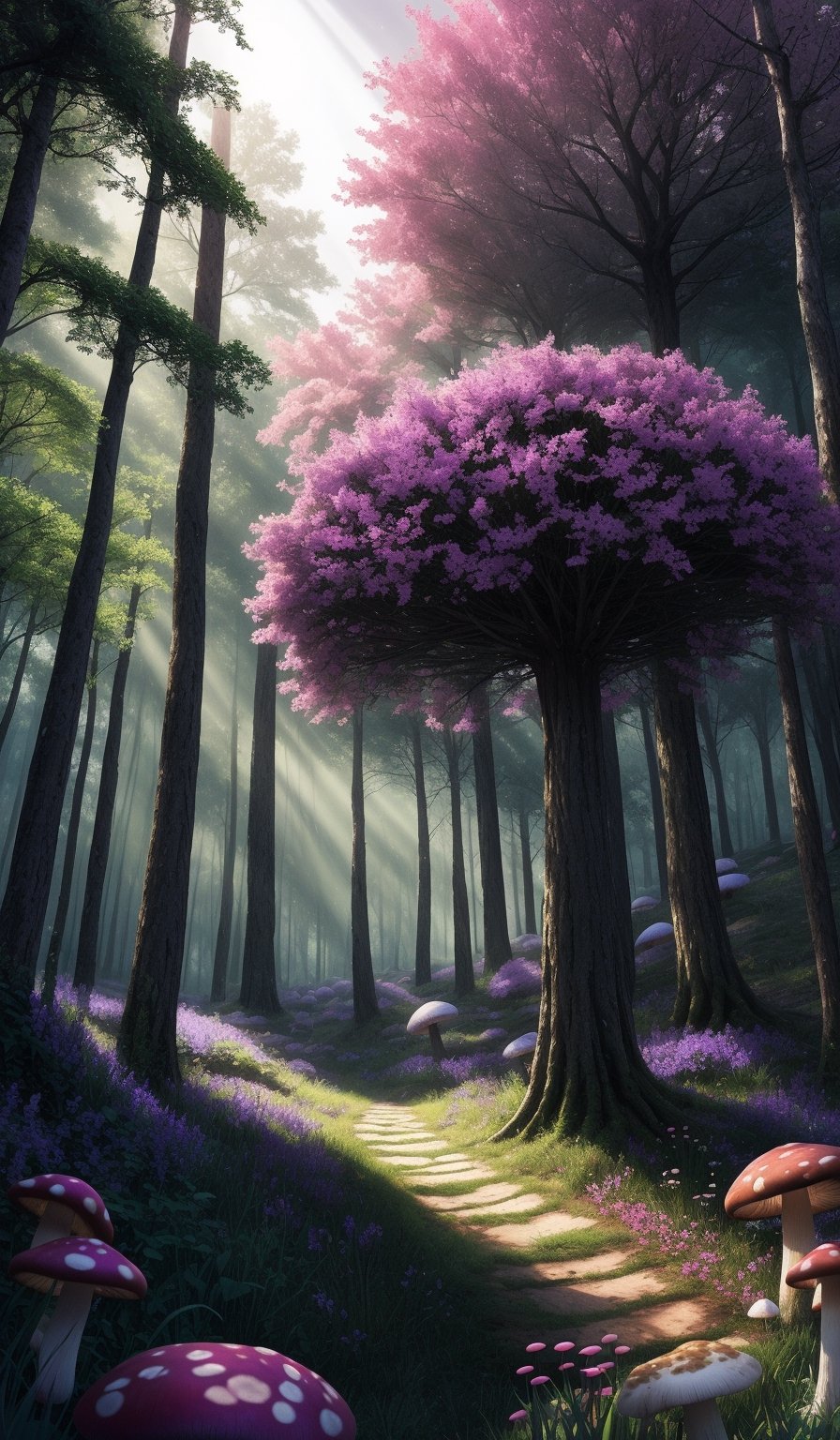 The forest is quiet, spooky forest, save for the breeze and the mushroom house of the wizard Rialto the Marvelous, a lot of mushrooms and flowers in the foreground, masterpiece, best quality, mysterious scene background, purple light, rays of light in the distance,Mysticstyle,dark fantasy,realism