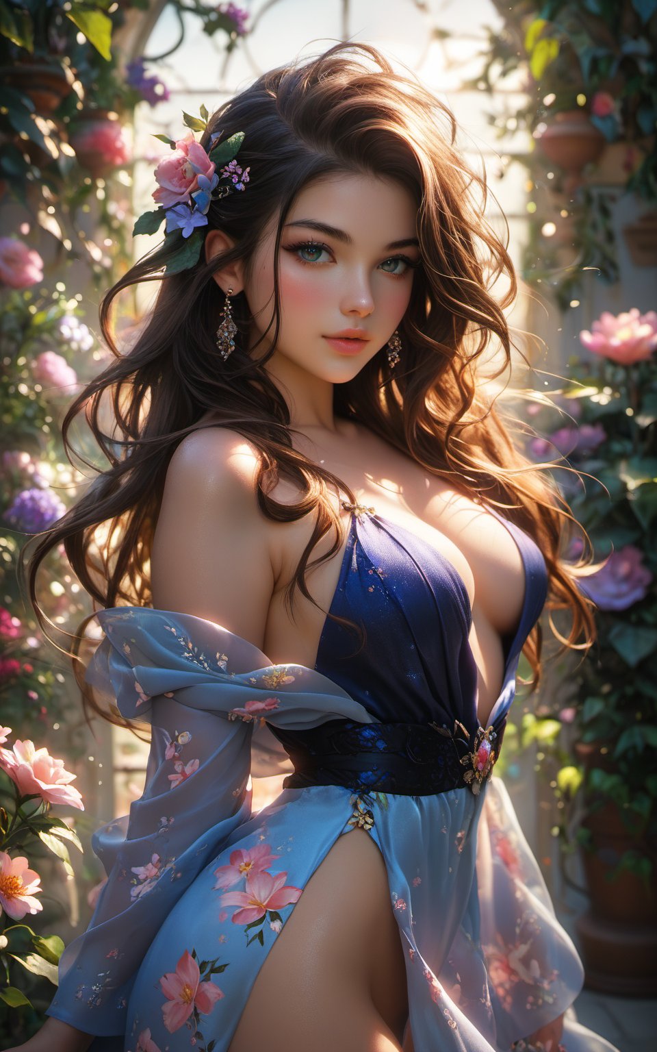 colorful, score_9, score_8_up, score_7_up,score_6_up, 1girl, solo, woman, supermodel, sexy, elegant, cleavage, cowboy  shot, standing, dynamic pose, smooth thighs, silk robe, garden, flowers, exotic flowers, vines, front side view, close crop, looking at viewer, bokeh, (shadows:1.2), volumetric lighting, cool lighting, dim lighting, super long hair, windswept hair, blush, eye liner, eye shadow, detailed eyes, beautiful eyes, full lips, lips parted, (curvy voluptuous body:1.2), wide hips, thick thighs, amazing legs, large ass, shiny shiny skin, beauty marks, Expressiveh, ultra realistic, ultra detailed, realistic shadows
, Expressiveh,concept art, score_6