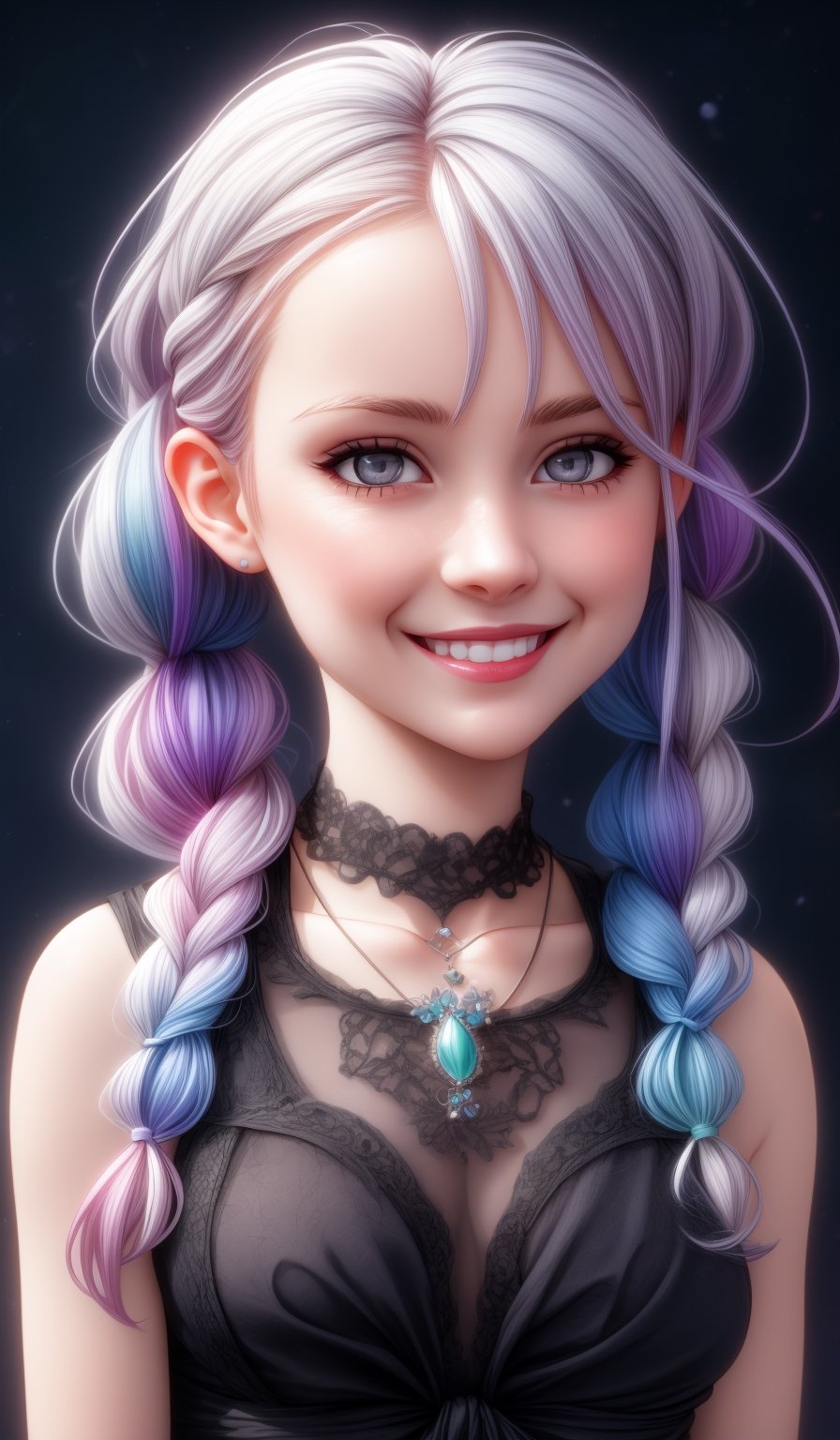 Ultra realistic nordic girl,beautiful grey eyes,smile, superbly crafted braided hairstyles,amazingly intricate braids woven with riibbons,7 colorful hair colors,each braided twintails painstakingly created and decorated with delicate ribbons and accessories.,aesthetic,Rainbow haired girl ,Realistic gray Eyes,flat chested,1 girl