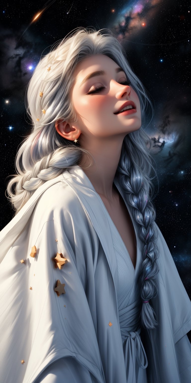 (silver,  glimmer)), contrast, phenomenal aesthetic, best quality, sumptuous artwork, (masterpiece), (best quality), (ultra-detailed), (((illustration))), ((an extremely delicate and beautiful)), (detailed light), cold theme, broken glass, broken wall, ((an array of stars)), ((starry sky)), the Milky Way, star, Reflecting the starry water surface,(1girl), elated, happy, long white hair, blinking, short white dress, closed mouth, constellation, high color, long white hair, braid hanging down, short white robe,  float, multi color, looking up, standing arms outstretched, medium hair, ((upper body shot)), solo, space, universe, Nebula, many stars, fanxing,midjourney,SAM YANG