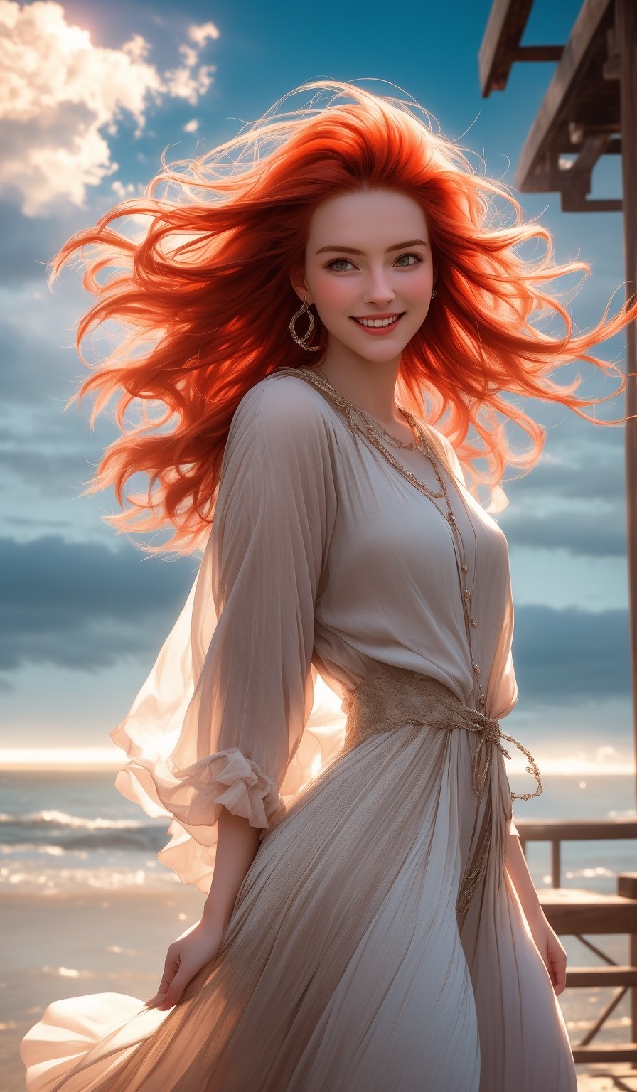 In the given scene, there is a young woman with vibrant flowing red hair, She's wearing cute flowing clothes that contrast nicely with the backdrop, The location appears to be outdoors, where it's super windy, adding a sense of motion and energy to the photo, Despite the threatening appearance of the stormy country background, she seems unbothered and smiling, Her eyes are locked onto something in the distance above, looking up, possibly hinting at an upcoming event or encounter, She has an auric hue around her, giving her an ethereal, otherworldly quality, Overall, this is a sensual and captivating image,  2.5d, realistic, , (&:0),midjourney,1 girl