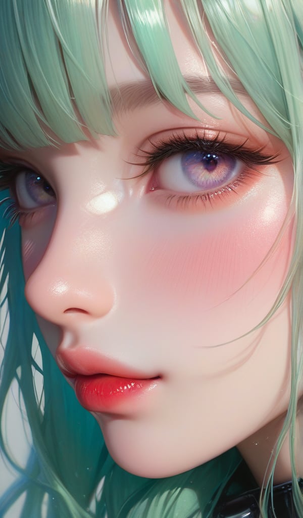 score_9, score_8_up, score_7_up, Girl's profile picture, light green long hair with bangs, long eyelashes, light blushed cheeks, glossy red lips, realistic skin texture, detailed picture, close-up, perfect face, HD32k