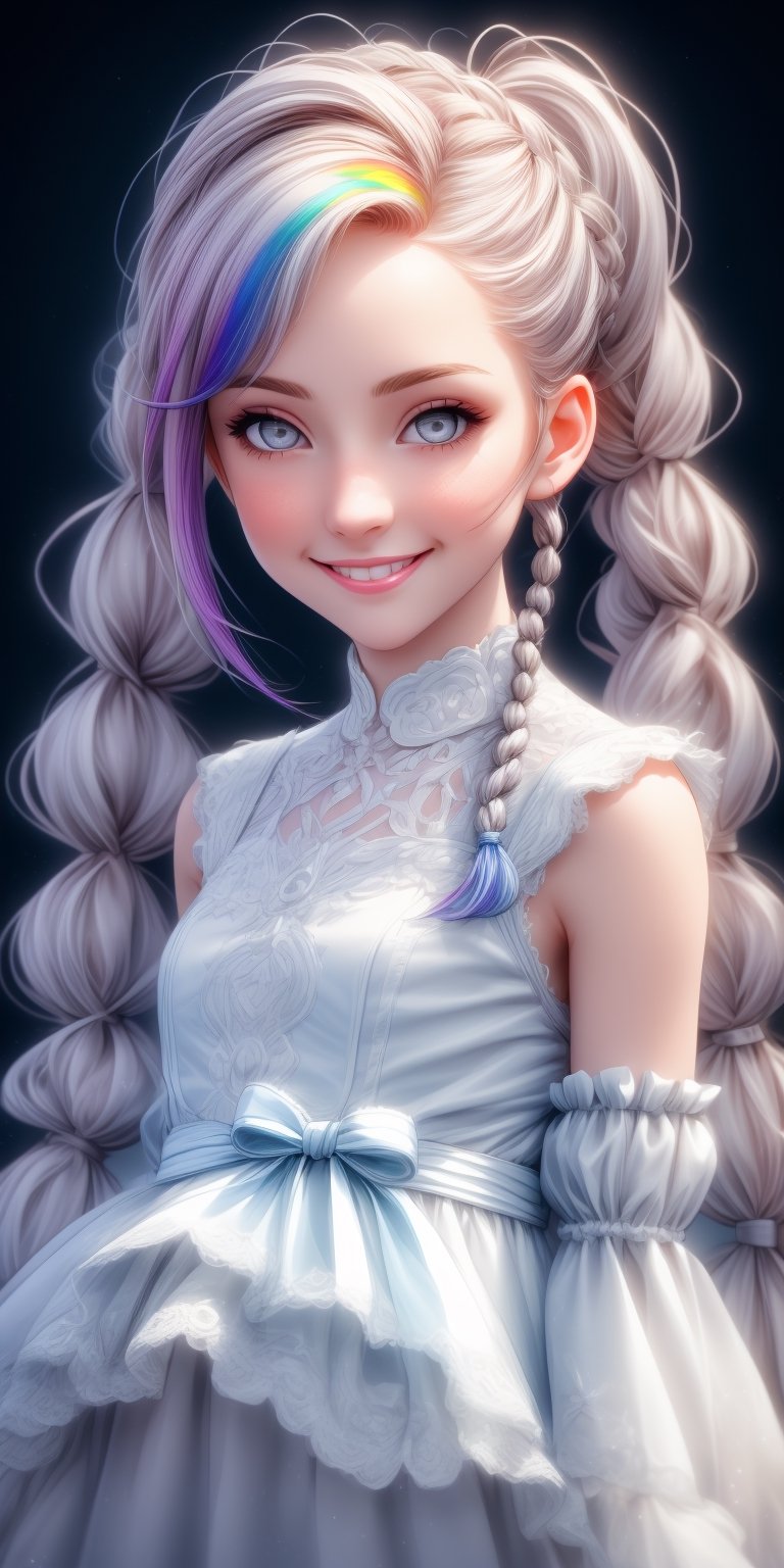 Ultra realistic nordic girl,beautiful grey eyes,smile, superbly crafted braided hairstyles,amazingly intricate braids woven with riibbons,7 colorful hair colors,each braided twintails painstakingly created and decorated with delicate ribbons and accessories.,aesthetic,Rainbow haired girl ,Realistic gray Eyes,flat chested,1 girl,midjourney