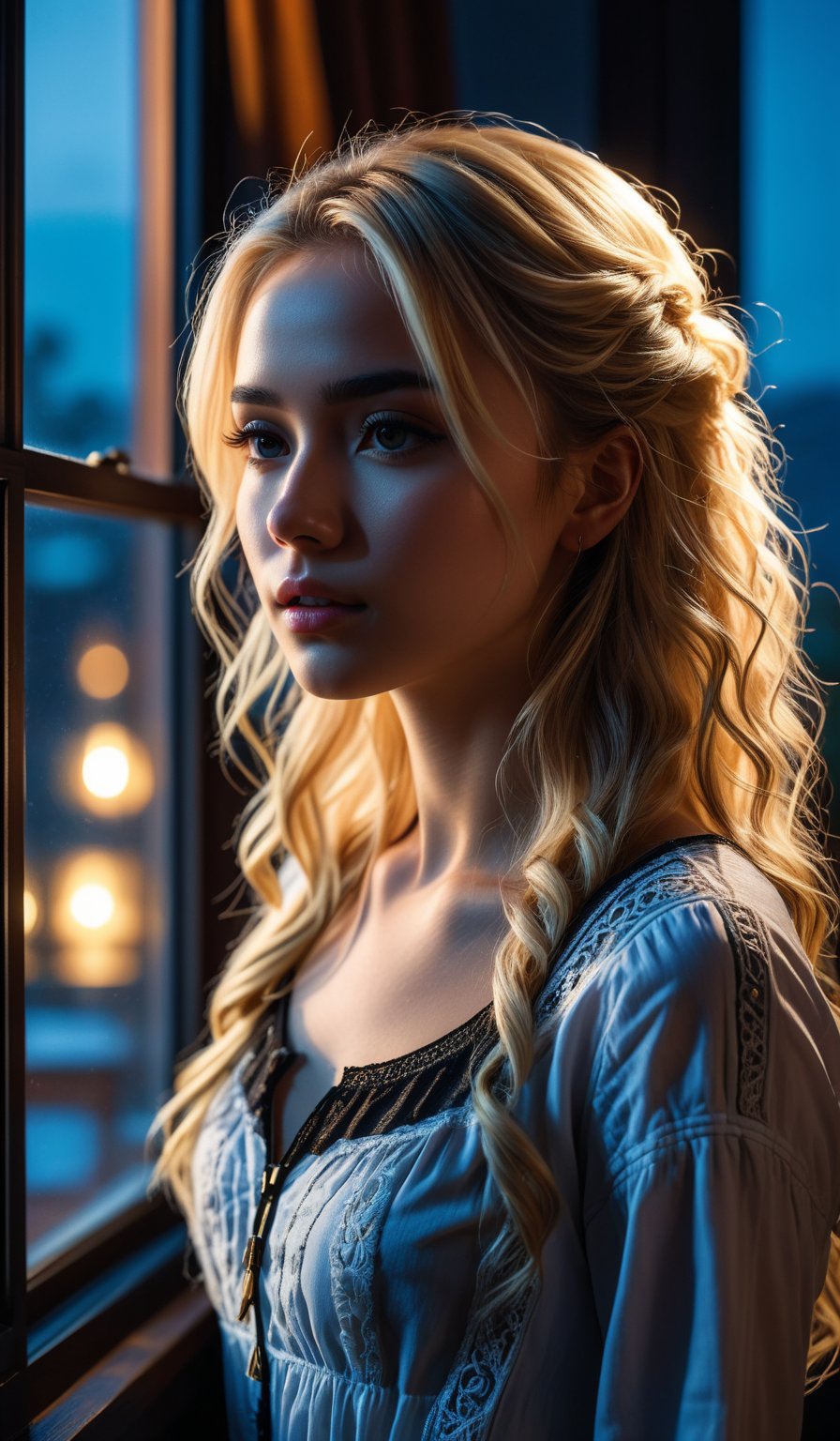 4k, 8k, ultra highres, raw photo in hdr, sharp focus, intricate texture, skin imperfections, realistic, detailed facial features, highly detailed face, posing,dark lighting,night time,((night)),window,moonlit face,low lighting,long hair,(blonde hair),standing side view,full bodyshot,dark room
,midjourney,mansion,emo,Enhance